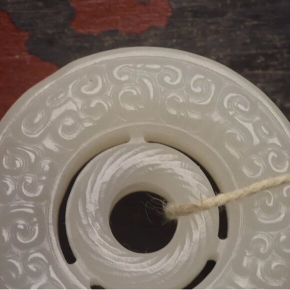 Chinese White Hetian Jade Round Bi Pendant - Picture 4 of 8